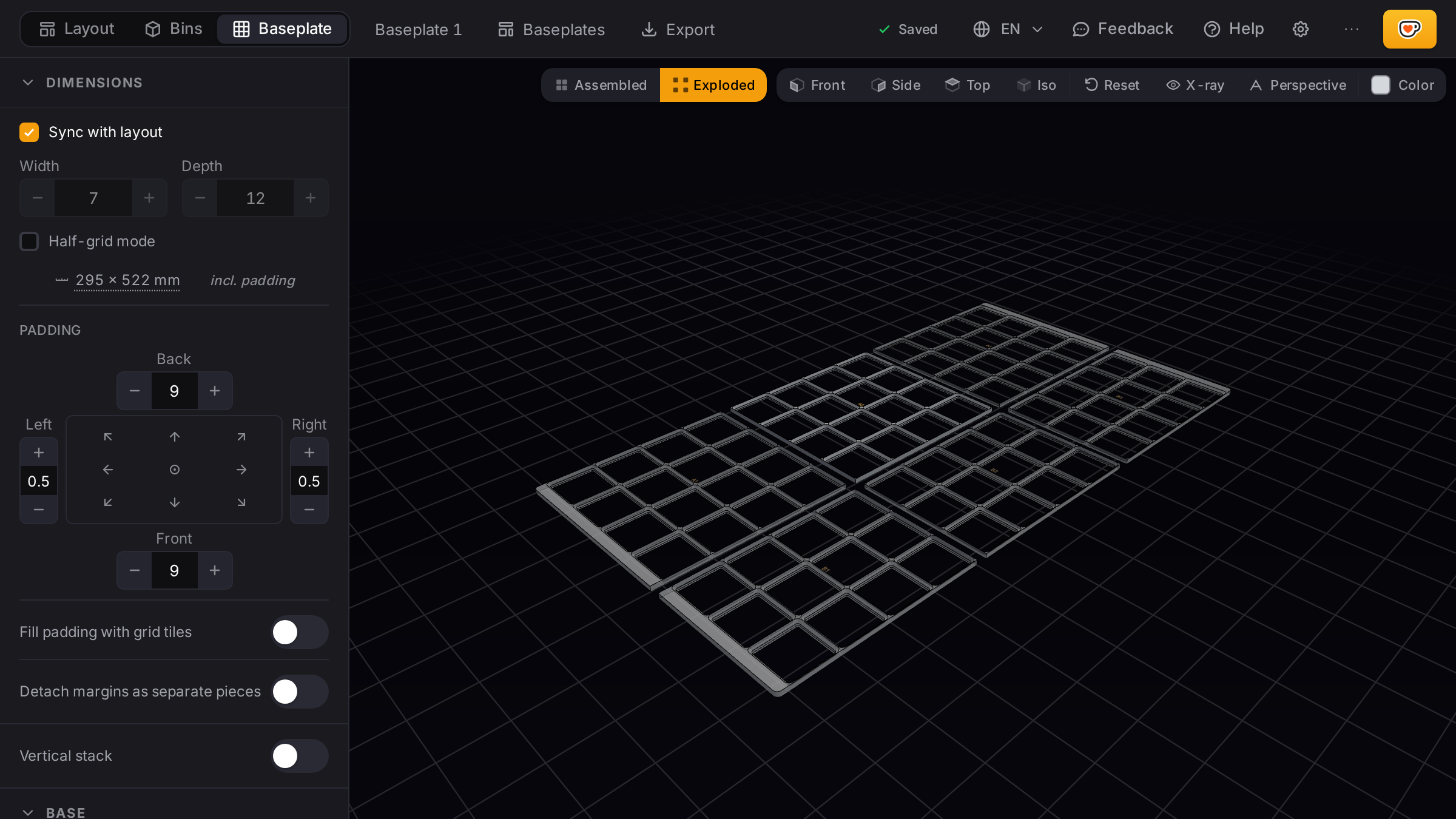 IKEA Alex Gridfinity baseplate divided into printable pieces in the baseplate generator