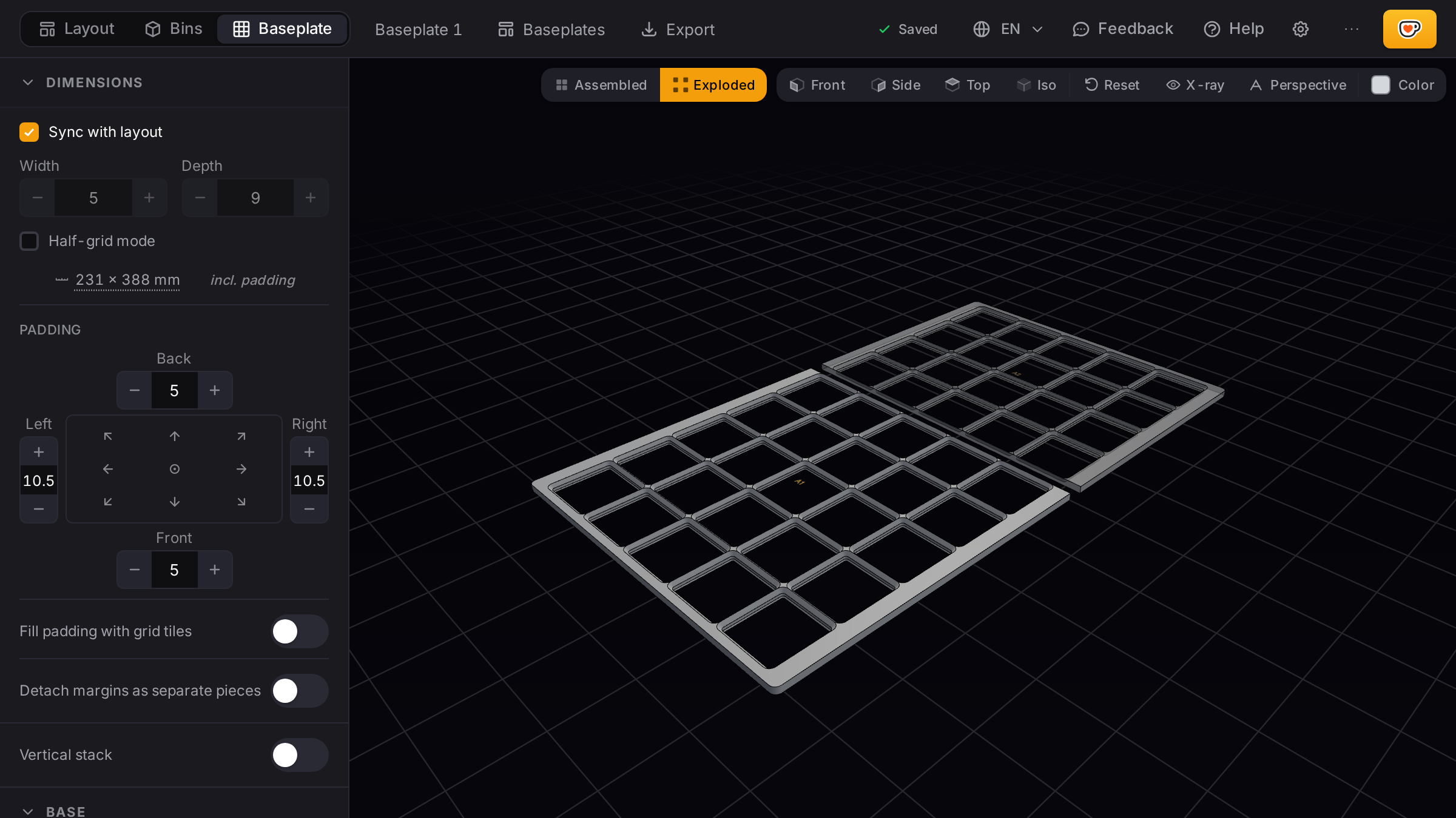 IKEA Helmer baseplate split into print bed pieces in the generator's 3D view