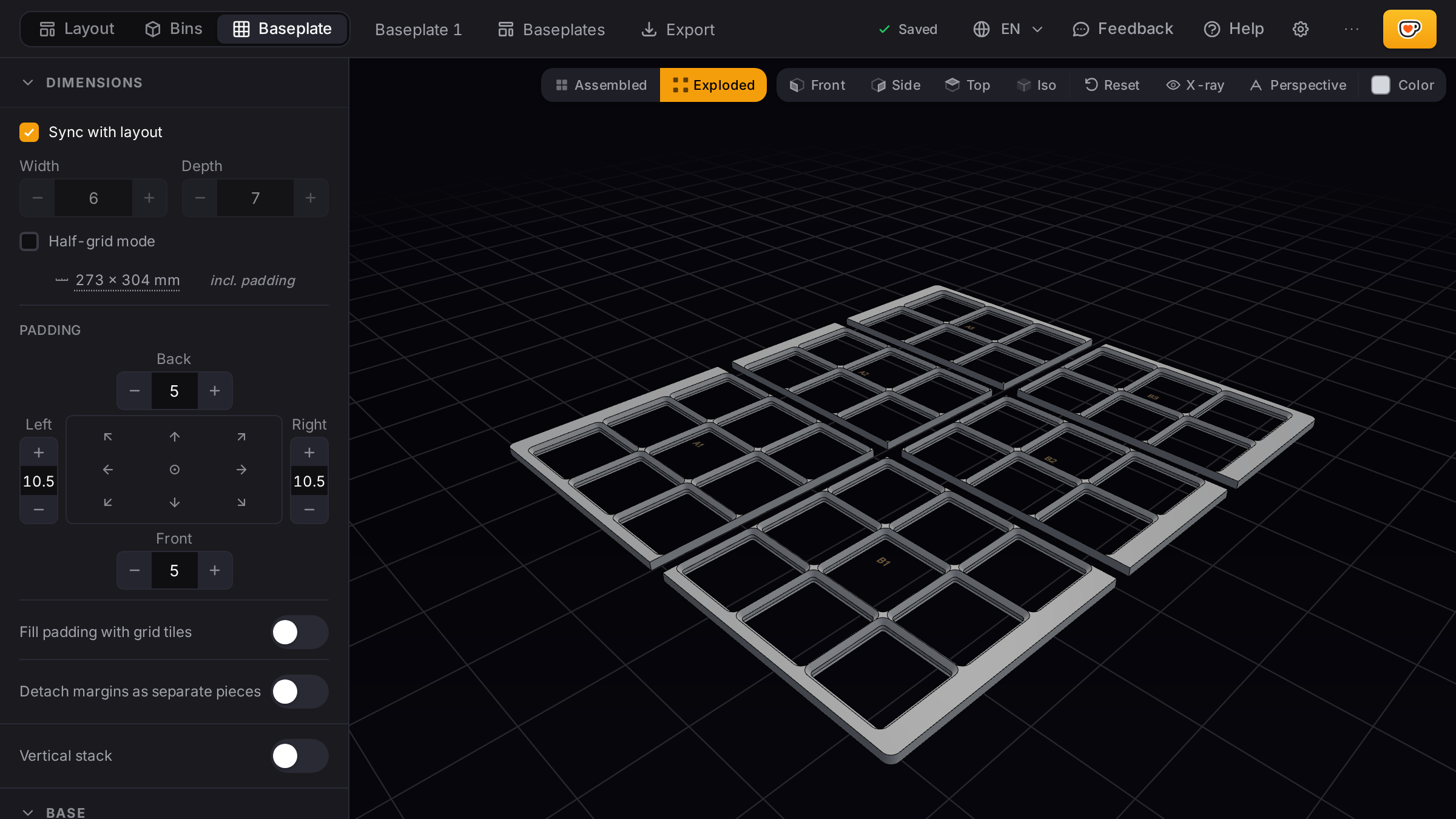 Split Gridfinity baseplate for an IKEA Kallax drawer shown as print bed pieces