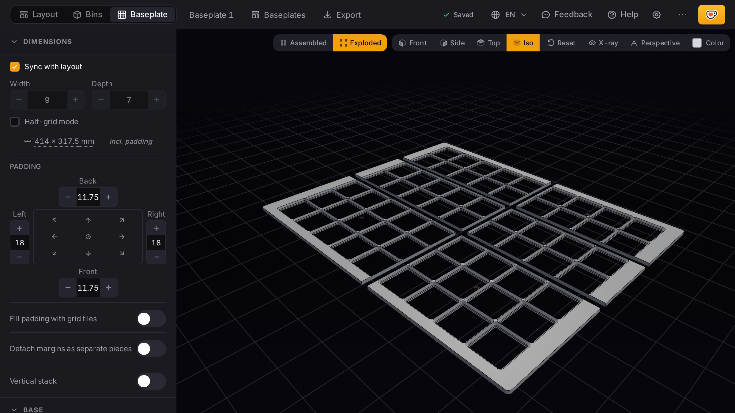 Milwaukee Packout drawer baseplate split into six printable pieces in the 3D baseplate generator