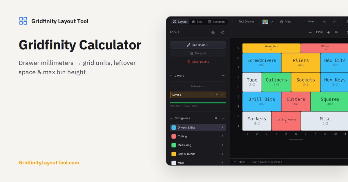 Unit Gride Gridfinity Calculator — Drawer Size to Grid Units | Gridfinity Layout Tool