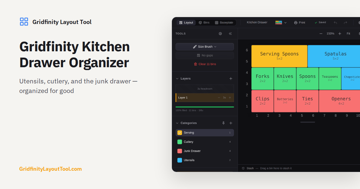 Visual Drawer Layout Gridfinity Kitchen Drawer Organizer — Utensils, Cutlery & Junk Drawers ...